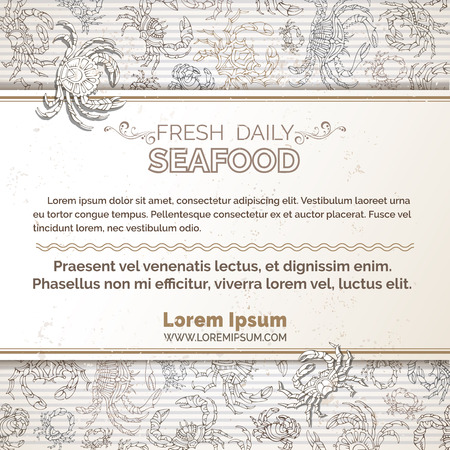 Vector vintage crabs background. Seafood hand-drawn menu template. There is place for your text on white horizontal paper.のイラスト素材