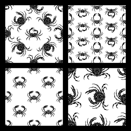 Set of seamless crabs patterns. Various black crab silhouettes on white background. Duotone boundless backgrounds for your design.のイラスト素材