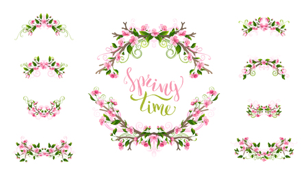 Ornament of flowers, leaves and flourishes on tree branches. Cherry pink blossoms. Isolated on white background.のイラスト素材
