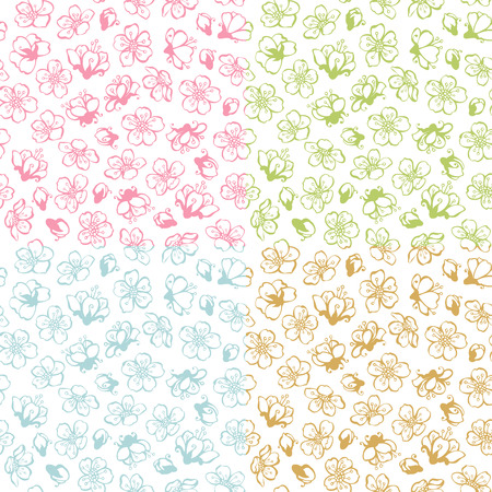Coloured contours of flowers from fruit trees on white background. Duotone boundless backgrounds.のイラスト素材