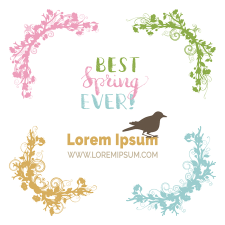 Spring corner decorations. Vector silhouettes of spring flowers, leaves and flourishes on branches. Coloured ornaments isolated on white background.のイラスト素材