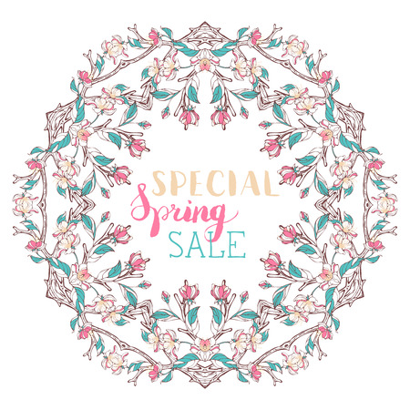 Vector ornament of cherry blossoms on tree branches. There is copyspace for your text in the center.のイラスト素材