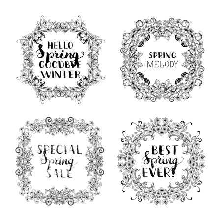 Vector spring blossoms vintage frames. Linear ornament of flowers and leaves on tree branches. Hand-drawn seasonal lettering and flourishes. There is copyspace for your text.のイラスト素材