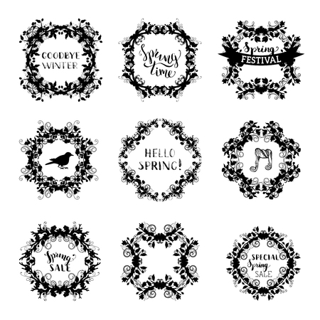 Vector spring blossoms vintage frames. Black silhouettes of flowers and leaves on tree branches. Hand-drawn seasonal lettering and flourishes. There is copyspace for your text.のイラスト素材