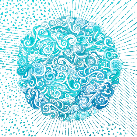 Cartoon hand-drawn curls, swirls and strokes. Round ornament. Vector illustration on white background.のイラスト素材