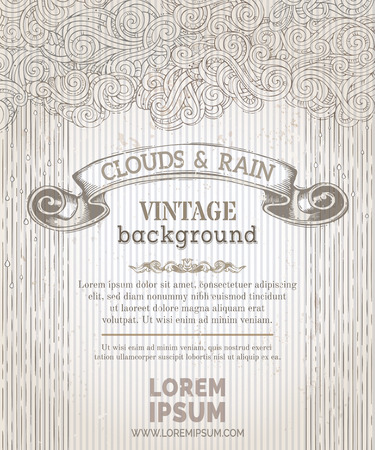 Hand-drawn clouds and rain on old striped background. There is copy space for your text in the center.のイラスト素材