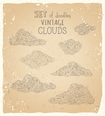 Linear clouds on old paper background. Hand-drawn swirls, scribbles, spirals, curls and patterns.のイラスト素材