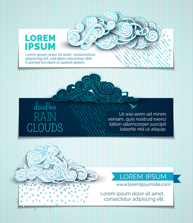 Vector set of clouds horizontal banners. Hand-drawn ornate clouds, rain, curls, swirls and spirals. Day and night. There is copy space for your text on white and dark backgrounds.のイラスト素材