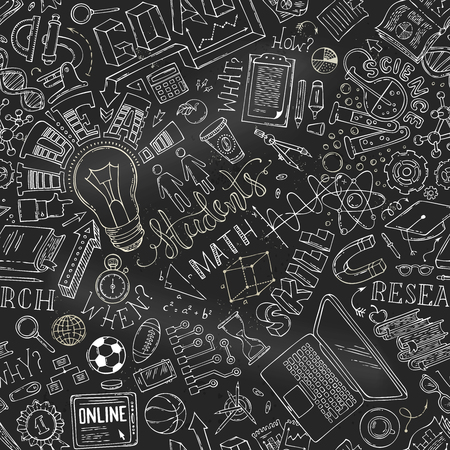 Education, math, laboratory, chemistry, research symbols on blackboard background. Dna, test-tubes, microscope, stationery. Hand-drawn boundless background.のイラスト素材