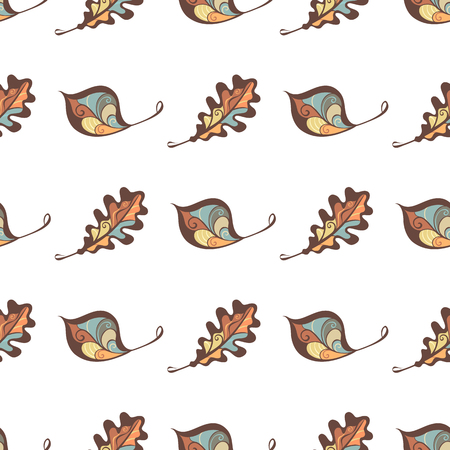 Vector seamless leaves pattern. Hand-drawn various leaves on white background. Nature boundless background.のイラスト素材