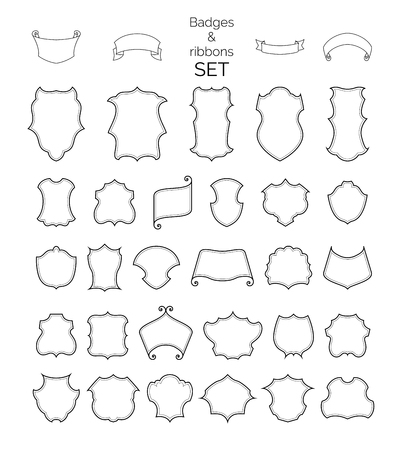 Vintage badges and ribbons set. Black linear retro shields, borders, frames, tags, labels designs isolated on white background. There is place for your text inside them.のイラスト素材