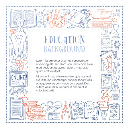 Vector doodles education frame. Dna, molecules, test-tubes, microscope, office stationery. Science, math, laboratory, chemistry, research symbols and elements.のイラスト素材