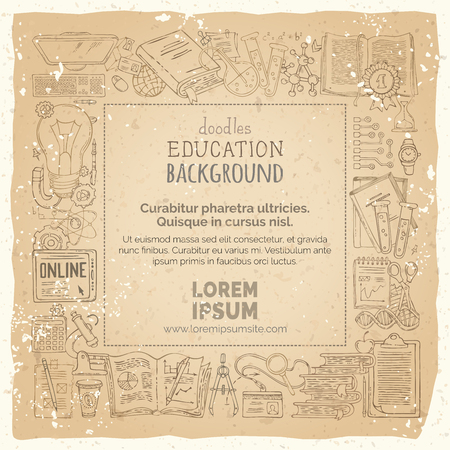 Vector education square frame on old vintage paper. Science, research, equipment, paper and documents, lab elements. Linear hand-drawn symbols. There is copy space for your text in the center.のイラスト素材