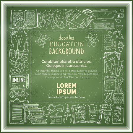 Vector chalk education square frame. Dna, molecules, books, test-tubes, microscope and others objects on green blackboard background. Hand-drawn linear chemistry and laboratory research symbols.のイラスト素材
