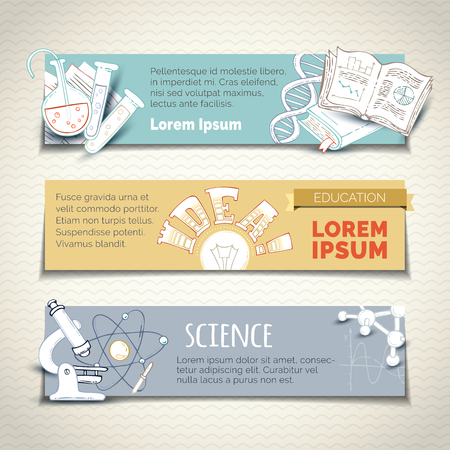 A Vector set of science and education horizontal banners. Dna, molecules, books, test-tubes, microscope and other objects. Chemistry and laboratory research elements and symbols. Doodles templates.のイラスト素材