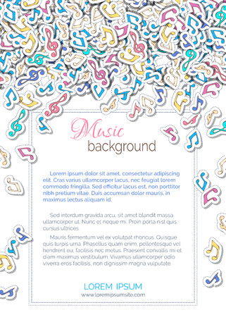 Set of music notes and treble clefs. Patches, stickers, embroidery and sticky labels. There is copy space for your text.のイラスト素材