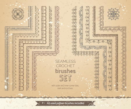 Vector set of 10 vintage lace crochet seamless brushes. Outer and inner corner tiles, start and end tiles included. Sketch knitted edging patterns and ornaments.のイラスト素材