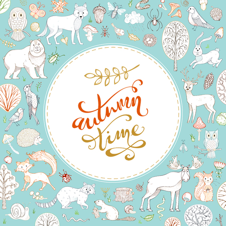 Vector woodland autumn background. Cute forest animals made in outlined style. Elk, fox, wolf, owl, rabbit, bear, deer, squirrel, hedgehog, racoon and other mammals and birds. Autumn trees and bushes.のイラスト素材