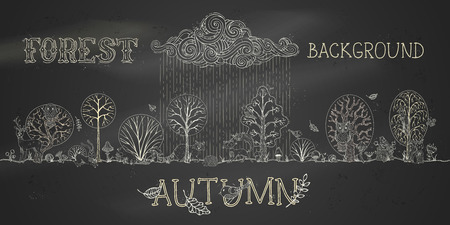 Hand-drawn autumn trees, cute wild animals and birds. Hare, fox, beaver, squirrel, deer, raccoon, owl, hedgehog, mushrooms. Curled clouds and rain. Falling leaves.のイラスト素材