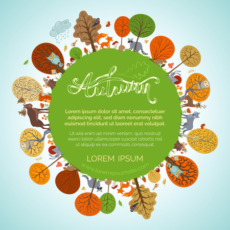 Vector cute wild animals and woodland elements. Cartoon moose, hedgehog, raccoon, hare, fox, deer, owl, squirrel, wolf, beaver. Autumn trees, bushes and leaves, mushrooms, flowers, rain.のイラスト素材