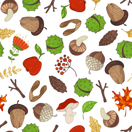 Cartoon fir-cones, maple seeds, apples, tree branches, autumn leaves, mushrooms, rowan berries, flowers, acorns and chestnuts. Outdoors boundless background.のイラスト素材