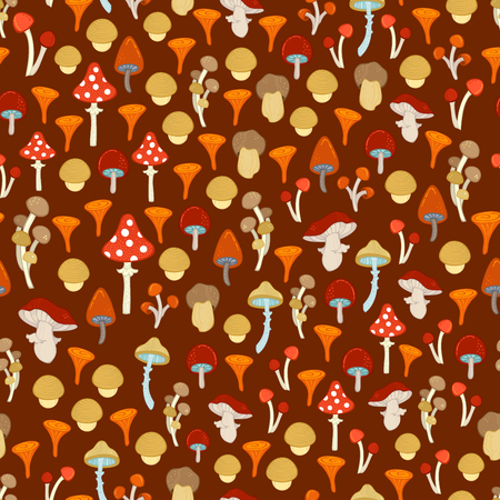 Fungal, amanita, girolles, chanterelles, agaric, boletus, fungus, cep. Edible and poisonous cartoon mushrooms. Hand-drawn autumn boundless background.のイラスト素材