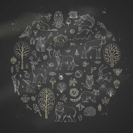Trees, leaves and mushrooms. Moose, deer, bear, fox, wolf, owl, hare, squirrel, hedgehog and other mammals and birds.のイラスト素材