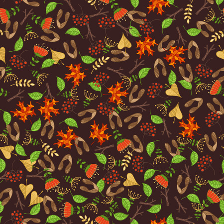 Tree branches, autumn leaves, maple seeds, rowan berries and flowers on brown background. Cartoon boundless background for your design.のイラスト素材