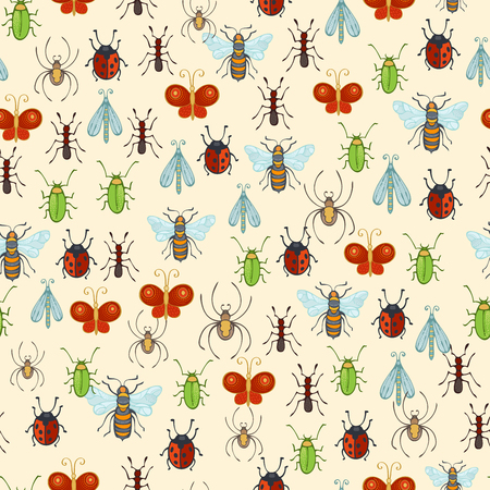 Cartoon bee, butterfly, spider, wasp, ant, ladybug, moth, bug on yellow background. Hand-drawn boundless background.のイラスト素材