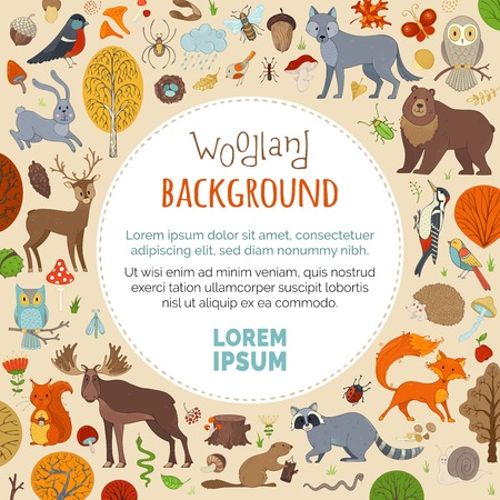 Cute forest animals made in cartoon style. Elk, fox, wolf, owl, rabbit, bear, deer, squirrel, hedgehog, racoon and other mammals and birds. Autumn trees and bushes.のイラスト素材