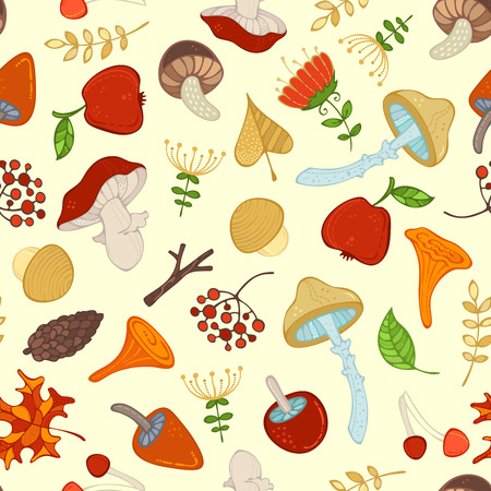 Cartoon mushrooms, fir-cones, apples, tree branches, leaves, rowan berries and flowers. Woodland boundless background.のイラスト素材