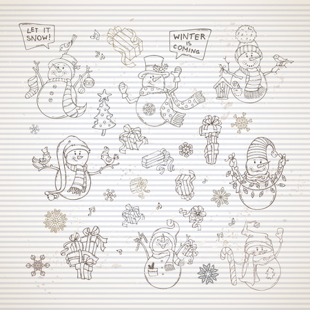 A Vector set of cute snowmen on striped vintage background. Snowman with Christmas sock, baubles and gifts, garland, birds, candy cane, speech bubbles. Christmas tree, music notes and snowflakes.のイラスト素材