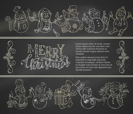 A Vector chalk Merry Christmas blackboard background with cute snowmen. Candy cane, gift, garland, Christmas sock and baubles, birds, holly berries. Snowmen are skiing, singing and skating.のイラスト素材