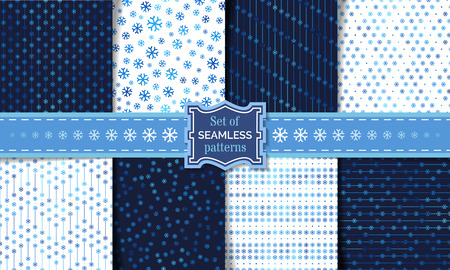 Vector set of seamless snowflake patterns. Light and dark winter templates. Vector boundless backgrounds.のイラスト素材