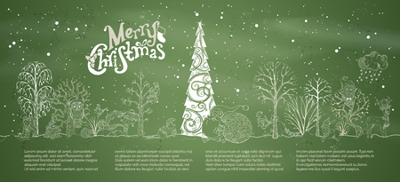 Vector chalk Merry Christmas background. Woodland animals in hats and scarfs and trees on green blackboard background. Christmas tree in winter forest. Santa Claus with a big sack full of gifts.のイラスト素材