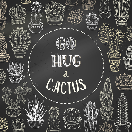 Vector cactuses and succulents on blackboard background. They are with spines and flowers. There is copy space for your text inside circle.のイラスト素材