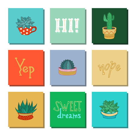 Indoor cactus and succulent plants in flower pots. With spines and without. Hand-written lettering. Hi! Yep. Nope. Sweet dreams.のイラスト素材