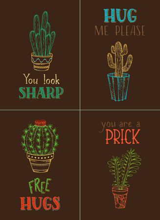 Cactus and succulent plants in flower pots. You look sharp. Hug me please. Free hugs. You are a prick. Template for greeting cards, posters, etc.のイラスト素材