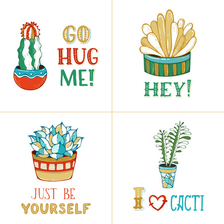 Cactus and succulent plants in flower pots on white background. With spines, flowers and without. Go hug me! Hey! Just be yourself. I like cacti.のイラスト素材