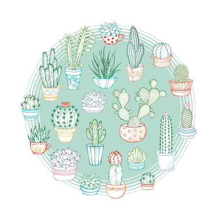 Set of indoor plants in flower pots and cups. Some of them are with prickles or flowers.のイラスト素材