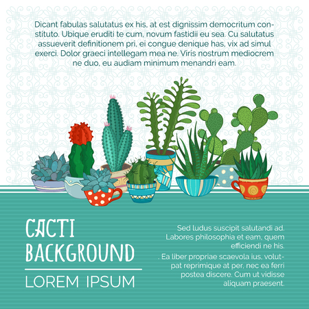 Various cartoon cactuses and succulents in flowerpots and cups. There is copyspace for your text on white and green backgrounds.のイラスト素材