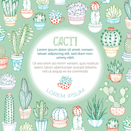 Vector outlined cacti background. Set of indoor plants in flower pots and cups with prickles or flowers. There is a copy space for your text in a round frame.のイラスト素材