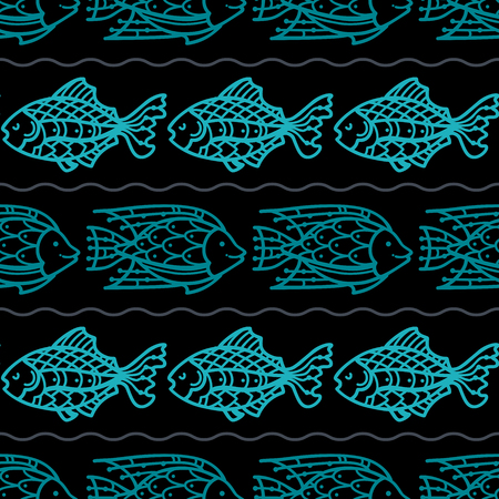 Vector seamless underwater fish pattern. Blue outlined fish on black background. Boundless background can be used for web page backgrounds, wallpapers, wrapping papers and invitations.のイラスト素材