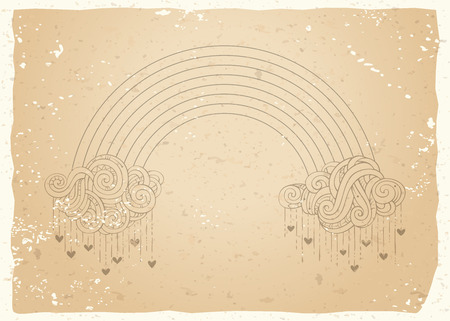 Vintage rainbow and clouds background. Outline clouds and rainbow on old paper background. Hearts and rain. There is copy space for your text.のイラスト素材