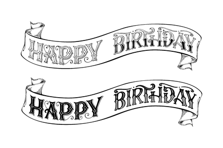 Vector Happy Birthday lettering. Hand-drawn phrase on ribbon. Black and white duotone illustration.のイラスト素材