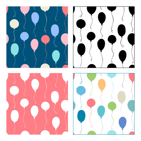 Vector seamless patterns of balloons. White, black and colored balloons on various backgrounds. Boundless background can be used for web page backgrounds, wallpapers, wrapping papers and invitations.のイラスト素材