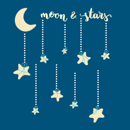 Moon and stars. Bright stars hanging on the moon on dark blue background. Vector illustration.のイラスト素材