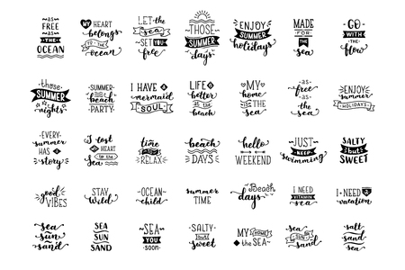 Vector hand-drawn illustrated lettering quotes about sea / ocean. Unique calligraphic quotes and phrases written by brush. Ready to use prints for poster, mug, bag, card or t-shirt design.のイラスト素材