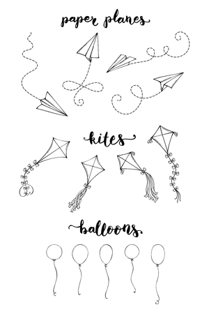 Paper planes, kites and balloons. Black outline elements isolated on white background. Vector duotone illustration.のイラスト素材