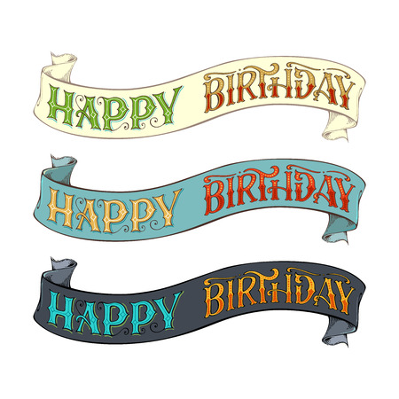 Vector Happy Birthday lettering. Hand-drawn phrase on ribbon. Colored illustration. Isolated on white background.のイラスト素材